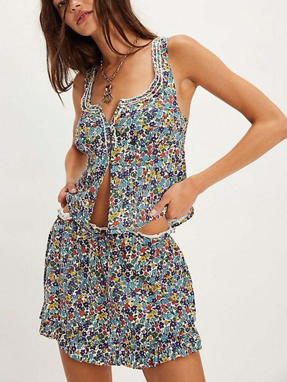 Free People Ellia Floral Printed Tank & Shorts Set Top M Bottom S 57242